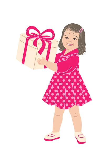 可爱的小女孩得到了礼物 快乐的抱着礼物盒 与白色背景隔离 简单的矢量平面插图 — 图库矢量图片