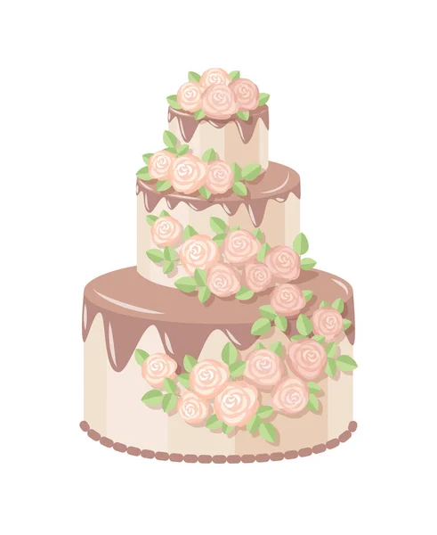 stock vector Wedding cake isolated on white background. Holiday dessert decorated with cream roses.  Vector flat cartoon  illustration.