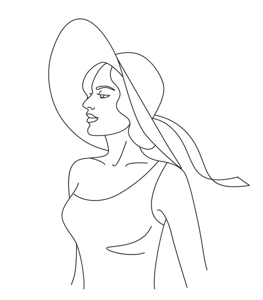 Şapka Vektörü Bir Çizgi Çizimi Içinde Genç Bir Kadın Şapka — Stok Vektör