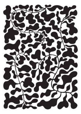 Soyut yapraklı çiçek arkaplanı. Beyaz üzerine dekoratif dalgalı siyah şekilli poster tasarımı. Moda vektör çizimi.