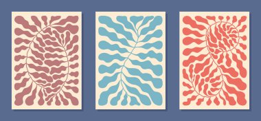 Duvar dekoru ve poster tasarımı için retro renklerde soyut çiçek kompozisyonları seti. Bej üzerine dekoratif dalgalı organik şekiller. Moda Çizimi. Botanik elementlere sahip vektör arkaplanları.