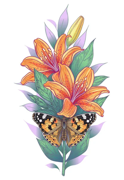 手工画的百合花和画的蝴蝶女士隔离在白色的背景 橘红色百合花 叶顶尽收眼底 古老风格的矢量典雅花卉构图 纹身设计 — 图库矢量图片