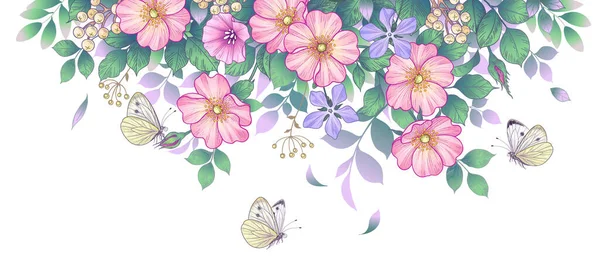 Handgezeichnete Blühende Blumen Und Fliegende Schmetterlinge Auf Weißem Hintergrund Oberer — Stockvektor