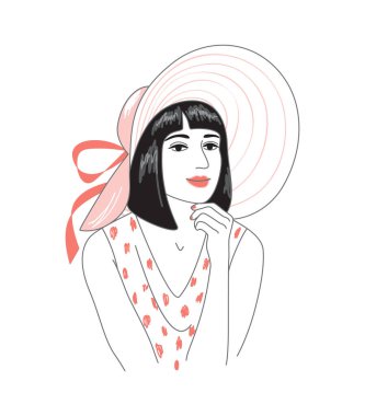 Şapkalı esmer kadın, vektör çizgisi çizimi. Siyah saçlı, şapka takan güzel, modern bir kadın. Pembe ve siyah renkli minimalist kadın portresi.