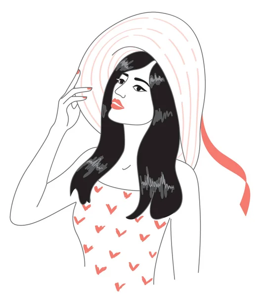 Jeune Femme Brune Chapeau Illustration Vectorielle Art Ligne Belle Femme — Image vectorielle