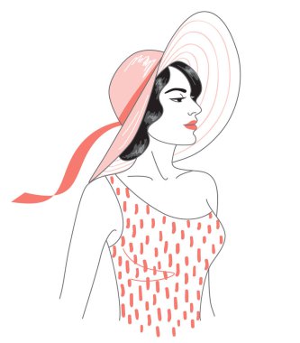 Şapkalı esmer kadın, vektör çizgisi çizimi. Siyah saçlı, şapka takan güzel, modern bir kadın. Pembe ve siyah renkli minimalist kadın portresi.