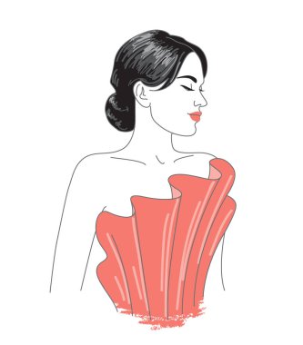 Kırmızı elbiseli esmer kadın vektör çizimi. Gece elbisesi giyen zarif bir kadın. Kadın profil çizgisi sanat minimalist baskısı.