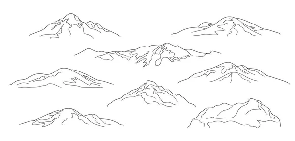 Contorno Dibujo Montañas Colinas Establecidas Esquema Simple Rocas Aisladas Blanco — Vector de stock