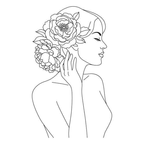 Hermosa Mujer Con Flores Cabeza Vector Una Línea Dibujo Impresión — Vector de stock