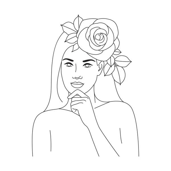 Hermosa Mujer Con Flores Cabeza Vector Una Línea Dibujo Monocromo — Archivo Imágenes Vectoriales