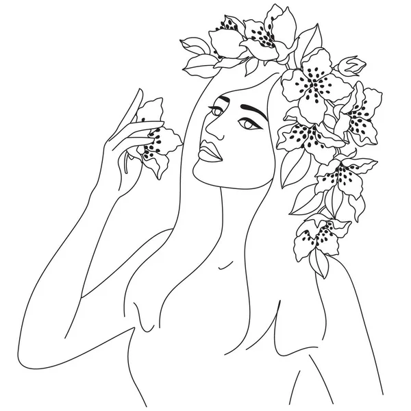 Hermosa Mujer Con Flores Cabeza Vector Una Línea Dibujo Impresión — Archivo Imágenes Vectoriales