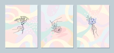 Renkli arka planda çiçekleri tutan tek renkli çizgili sanat kadını elleri. Duvar dekorasyonu için soyut çiçek kompozisyonları, poster tasarımı. Pastel renklerde vektör minimalist illüstrasyon. 