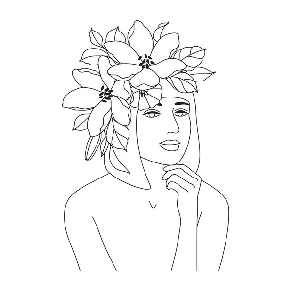 Beautiful Woman Flowers Head Vector One Line Drawing Monochrome Line — Image vectorielle