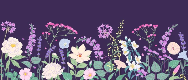 Nahtloser Horizontaler Rand Mit Blühenden Blumen Auf Dunklem Hintergrund Bunte — Stockvektor