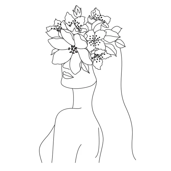 Beautiful Woman Flowers Head Vector One Line Drawing Monochrome Line — Image vectorielle