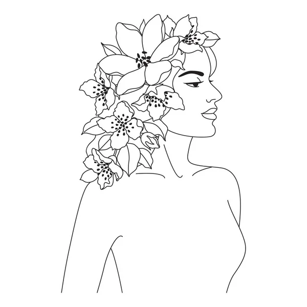 Beautiful Woman Flowers Head Vector One Line Drawing Monochrome Line — стоковый вектор