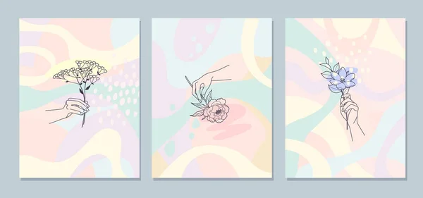 Monochrome Line Art Female Hands Holding Flowers Colorful Background Set — Vetor de Stock