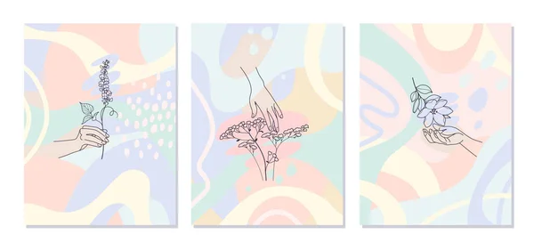 Linha Arte Monocromática Mãos Femininas Segurando Flores Fundo Colorido Conjunto —  Vetores de Stock