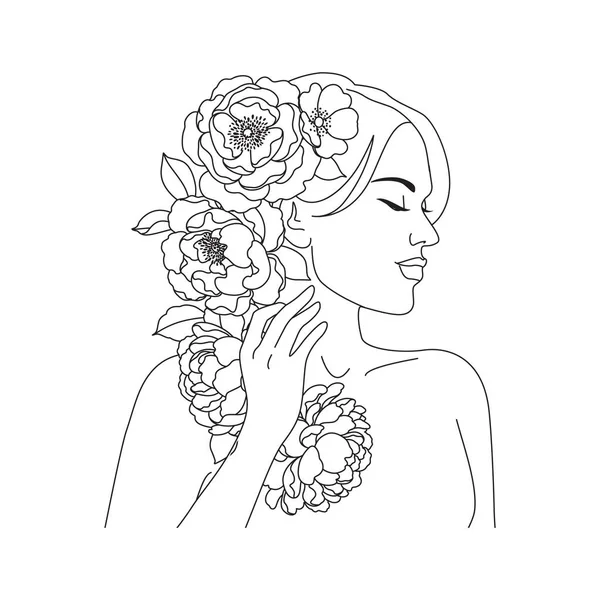 漂亮的女人头矢量上有花的单线绘图 单色线条艺术花卉简约的印刷品 女性美的概念 抽象肖像画 时尚图解 简约主义风格 — 图库矢量图片#