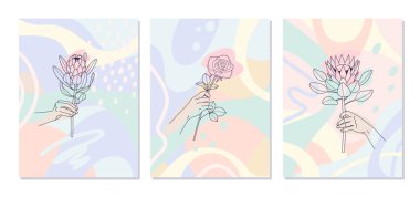 Renkli arka planda çiçekleri tutan tek renkli çizgili sanat kadını elleri. Duvar dekorasyonu için soyut çiçek kompozisyonları, poster tasarımı. Pastel renklerde vektör minimalist illüstrasyon. 