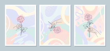 Renkli arka planda çiçekleri tutan tek renkli çizgili sanat kadını elleri. Duvar dekorasyonu için soyut çiçek kompozisyonları, poster tasarımı. Pastel renklerde vektör minimalist illüstrasyon. 