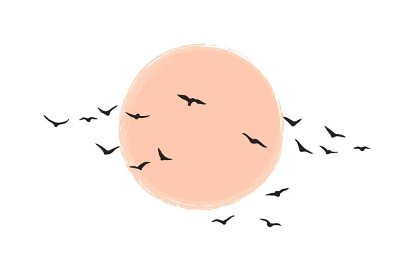 鳥群は太陽や月に対して飛んでいます 白い背景に隔離された夜明けや日没で鳥の群れのシルエット ベクトルミニマリズムイラスト — ストックベクタ