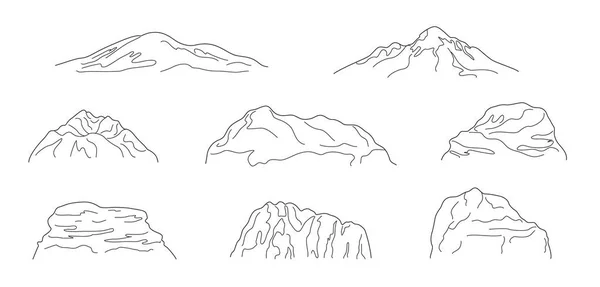 Contour Dessinant Montagnes Rochers Ensemble Contour Simple Isolé Sur Blanc — Image vectorielle