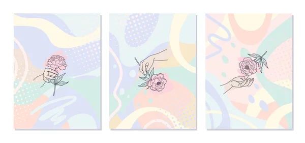 Monochrome Line Art Female Hands Holding Flowers Colorful Background Set — 스톡 벡터