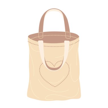 Beyaz arka planda izole edilmiş ürünler için basit bej bir ecobag. Tekstil çevre dostu yeniden kullanılabilir alışveriş çantası. Sıfır atık kavramı vektör düz illüstrasyon.
