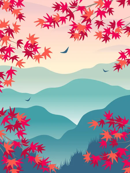 Huzurlu Oryantal Manzaralı Dikey Sonbahar Arkaplanı Japon Akçaağaç Dallarında Dağların — Stok Vektör