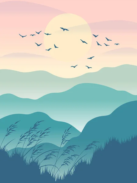 Fondo Arte Con Serenidad Paisaje Oriental Escena Natural Con Montañas — Vector de stock