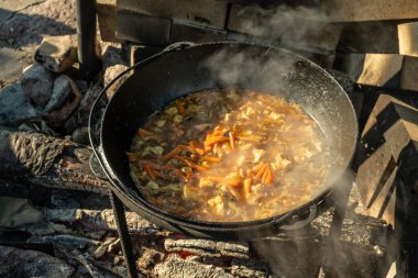 Bir kazanda, ateşte yemek pişirmek. Geleneksel Asya yemekleri pilavdır. Soğan, yağ, havuç, et ve baharattan yapılan Zirvak. Pirinçle karıştırılmış. Bir kazanda, bir ateşin üzerinde hazır. Huş ağacı yakacak. - Rusya. İyi günler. Yaz.