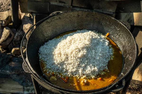 Bir kazanda, ateşte yemek pişirmek. Geleneksel Asya yemekleri pilavdır. Soğan, yağ, havuç, et ve baharattan yapılan Zirvak. Pirinçle karıştırılmış. Bir kazanda, bir ateşin üzerinde hazır. Huş ağacı yakacak. - Rusya. İyi günler. Yaz.