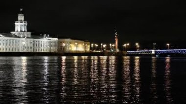 St. Petersburg, Rusya 'da Palace Bridge ile Panorama. Neva Nehri 'nin gece manzarası. Sudaki ışıkların yansıması..