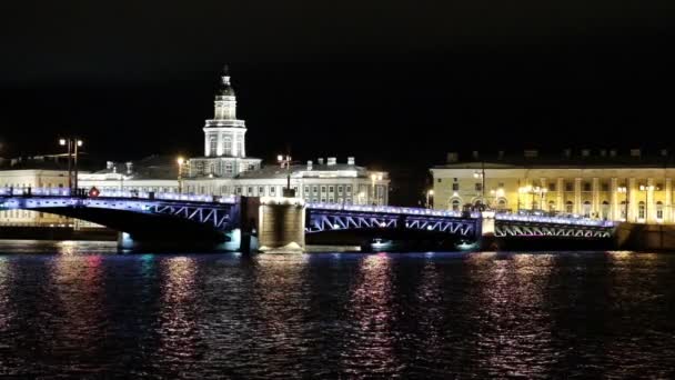 Панорама Палацовим Мостом Санкт Петербурзі Росія Вид Річку Нева Вночі — стокове відео