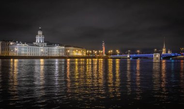 Neva Nehri manzaralı, Palace Köprüsü. St. Petersburg 'da. - Rusya. İyi geceler. Sonbahar