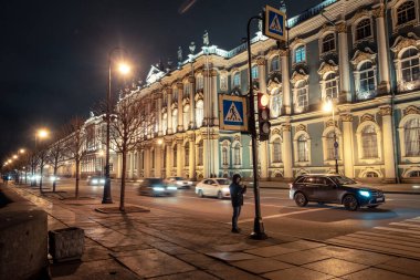 St. Petersburg 'daki Winter Palace ve Palace Embankment manzarası. - Rusya. İyi geceler. Sonbahar