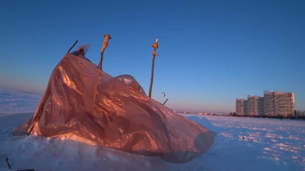 Homemade Plastic Tent Ice Fisherman Made Windbreak Ice Fishing Strong — Stock video