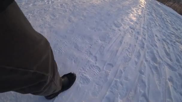 Man Walks Snow Legs Trousers Boots Take Steps Winter Park — Video Stock