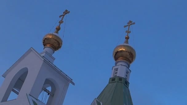 Orthodox Church Winter Christian Church Golden Domes High Belfry Blue — Video Stock