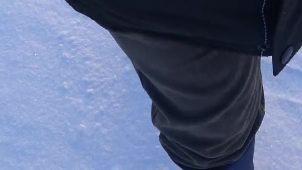 Man Walks Snow Legs Trousers Boots Take Steps Winter Park — стоковое видео