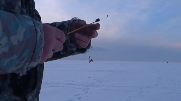 Ένας Άντρας Ένας Ψαράς Ψαρεύει Καλάμι Ψαρέματος Μια Ανοιγμένη Τρύπα — Αρχείο Βίντεο