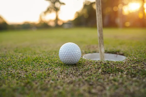 Golfbal Groen Gras Avond Golfbaan Met Zonnige Achtergrond Golfbal Rand — Stockfoto