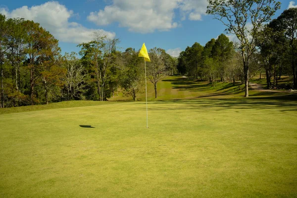 ゴルフ場の緑の芝生と森 ゴルフ場の緑の芝生と森 美しい緑を入れてゴルフコースの眺め 豊かな緑の芝生とゴルフコース美しい風景 — ストック写真