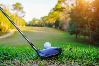 Golf sopaları ve top yeşil çimlerde sabah güneşli güzel bir golf sahasında. Golf sahası arka planına vurmaya hazır yeşil çimlerde golf topu.                               