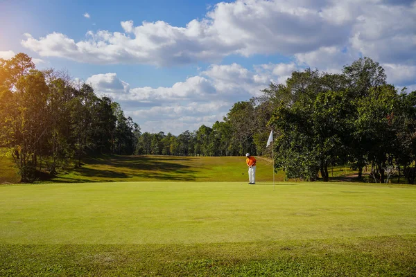 Golfista Están Jugando Golf Juego Golpeando Fondo Montaña Hierba Verde — Foto de Stock