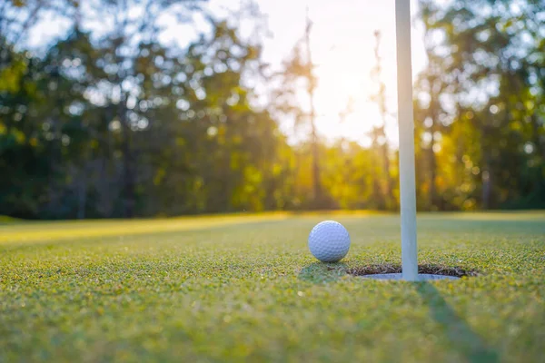 朝の日差しと美しいゴルフコースで緑の芝生の上でゴルフボール 緑の芝生の上のゴルフボールゴルフコースの背景にヒットする準備ができて — ストック写真