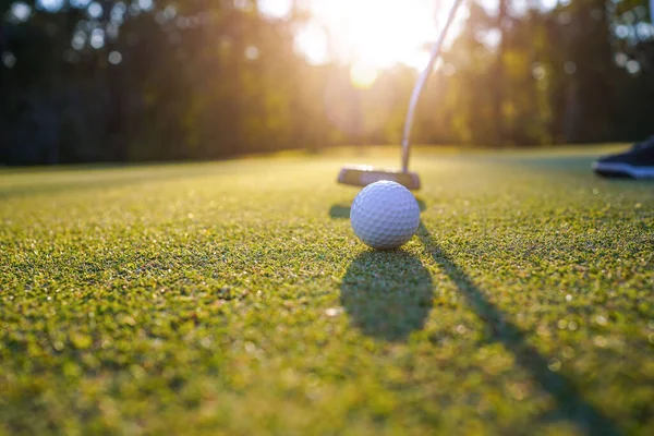 Golf Clubs Ball Green Lawn Beautiful Golf Course Morning Sunshine — Stock fotografie