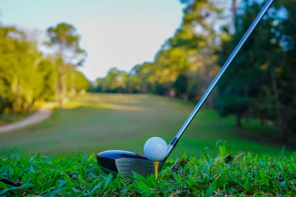 朝の日差しが美しい美しいゴルフコースで緑の芝生の上でゴルフクラブやボール 緑の芝生の上のゴルフボールゴルフコースの背景にヒットする準備ができて — ストック写真