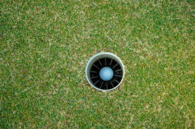 Çukurda golf topu, golf deliği ve golf sahasında yeşil çimlerde golf topu, golf topu yeşil bardakta oturuyor..                             